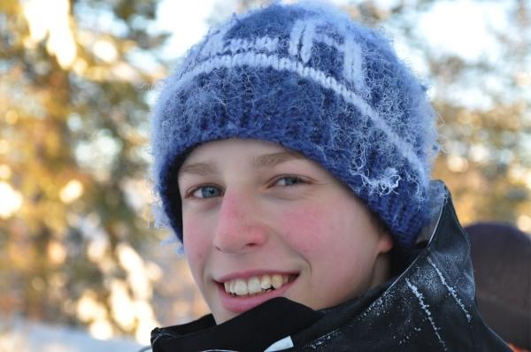 My son Gustav, in frosty weather after x-country skiing!